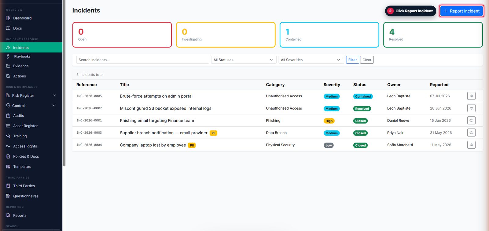 Incident register with the Report Incident button highlighted
