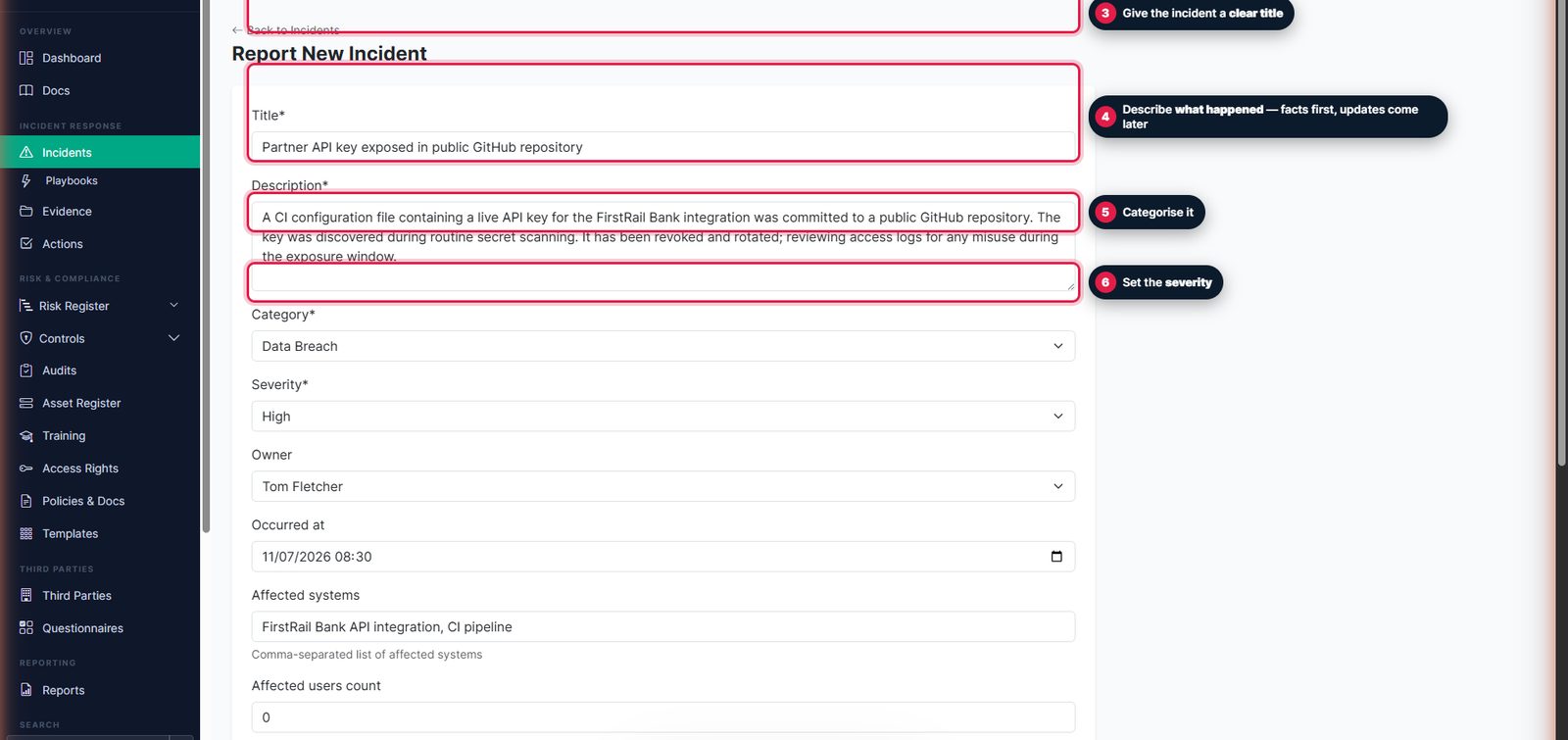 Incident form with title, description, category and severity annotated