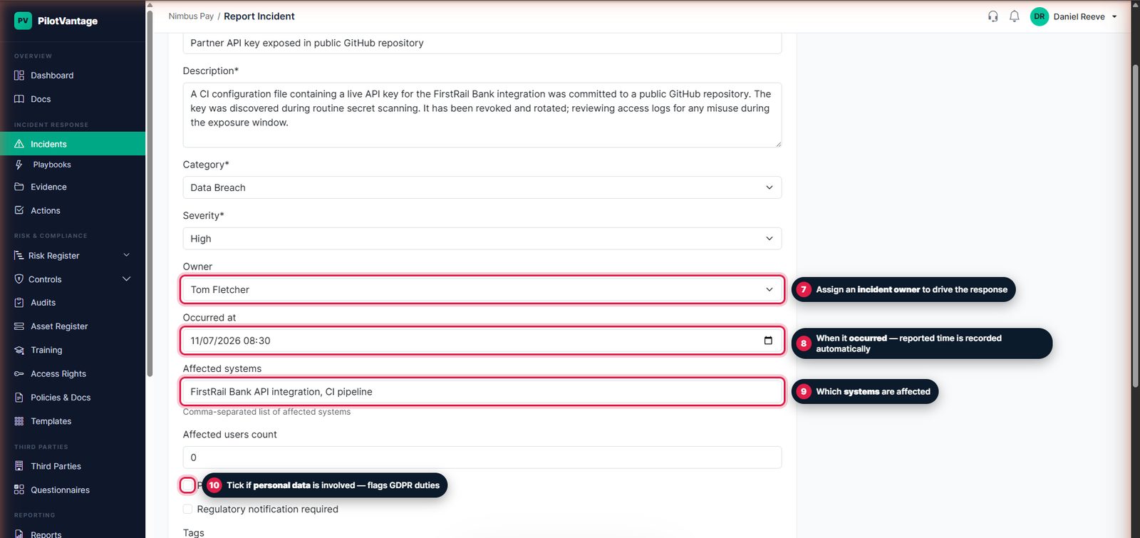 Incident form with owner, occurred time, affected systems and personal data flag annotated