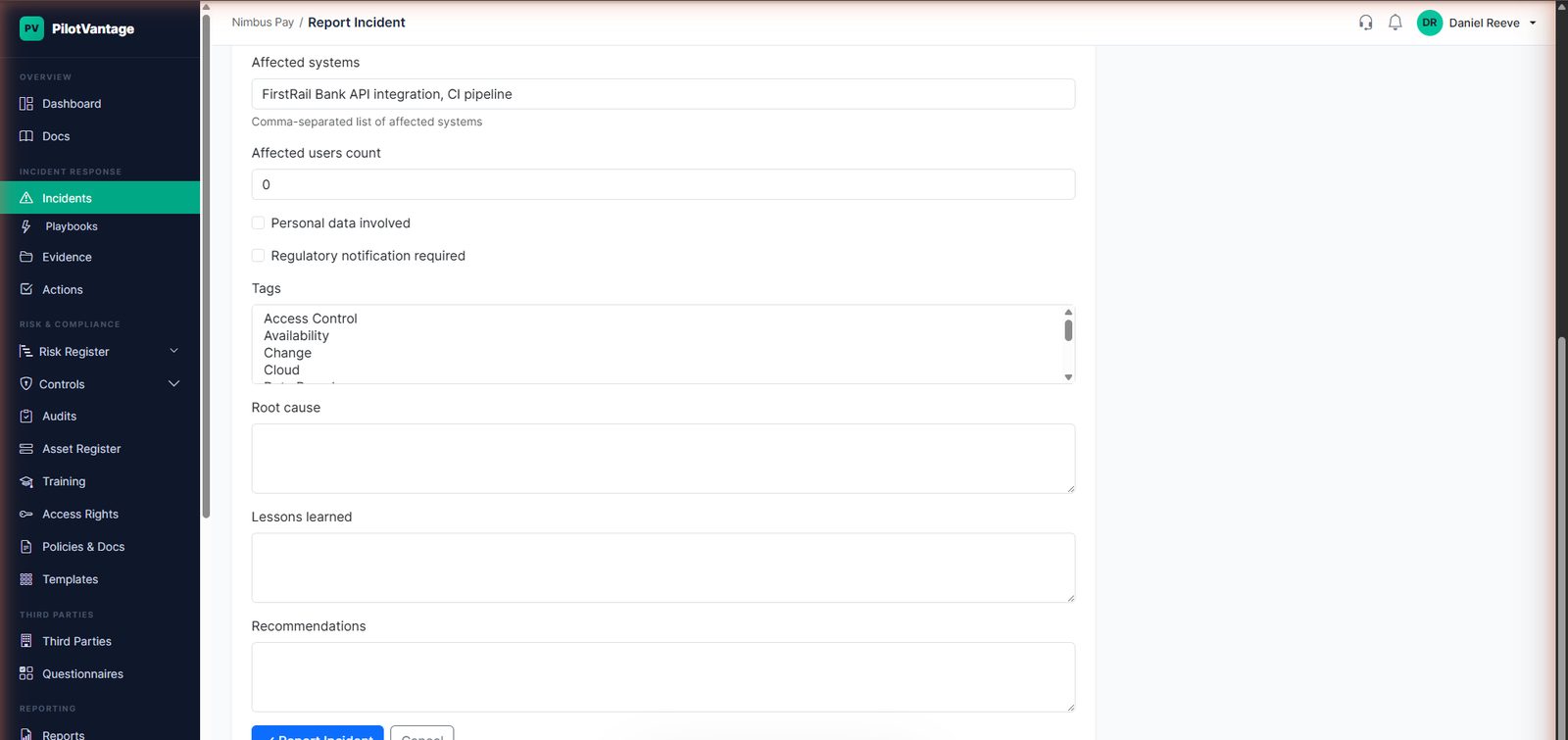 Report Incident submit button highlighted