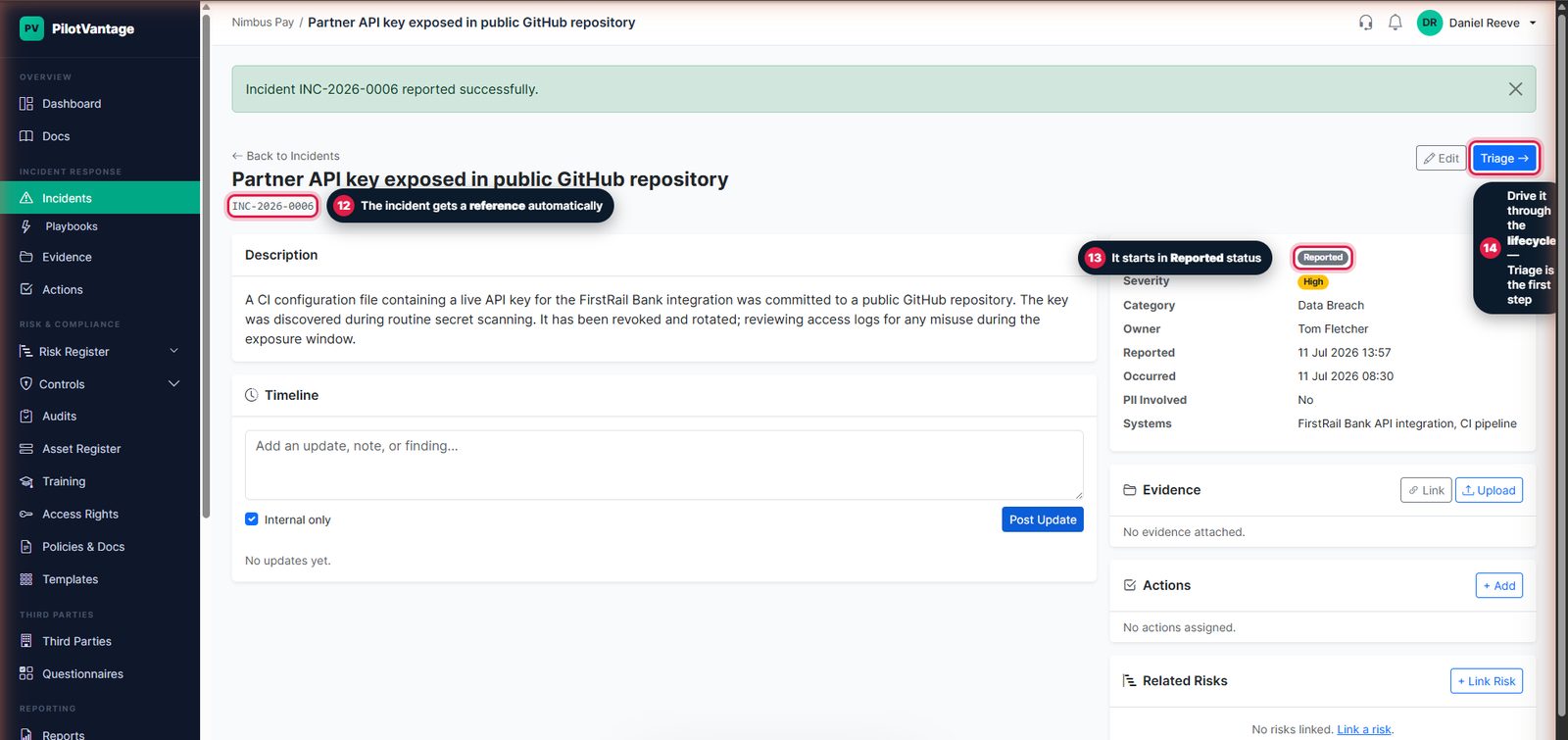 Created incident page showing the reference, Reported status and Triage button