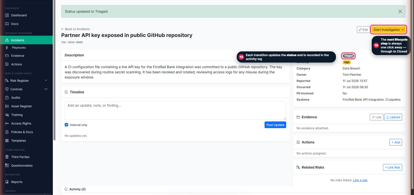 Incident after triage showing the Triaged status and Start Investigation button