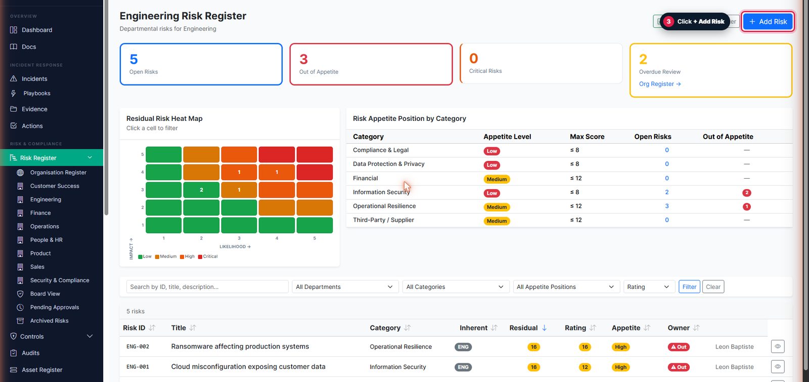 Department risk register with the Add Risk button highlighted