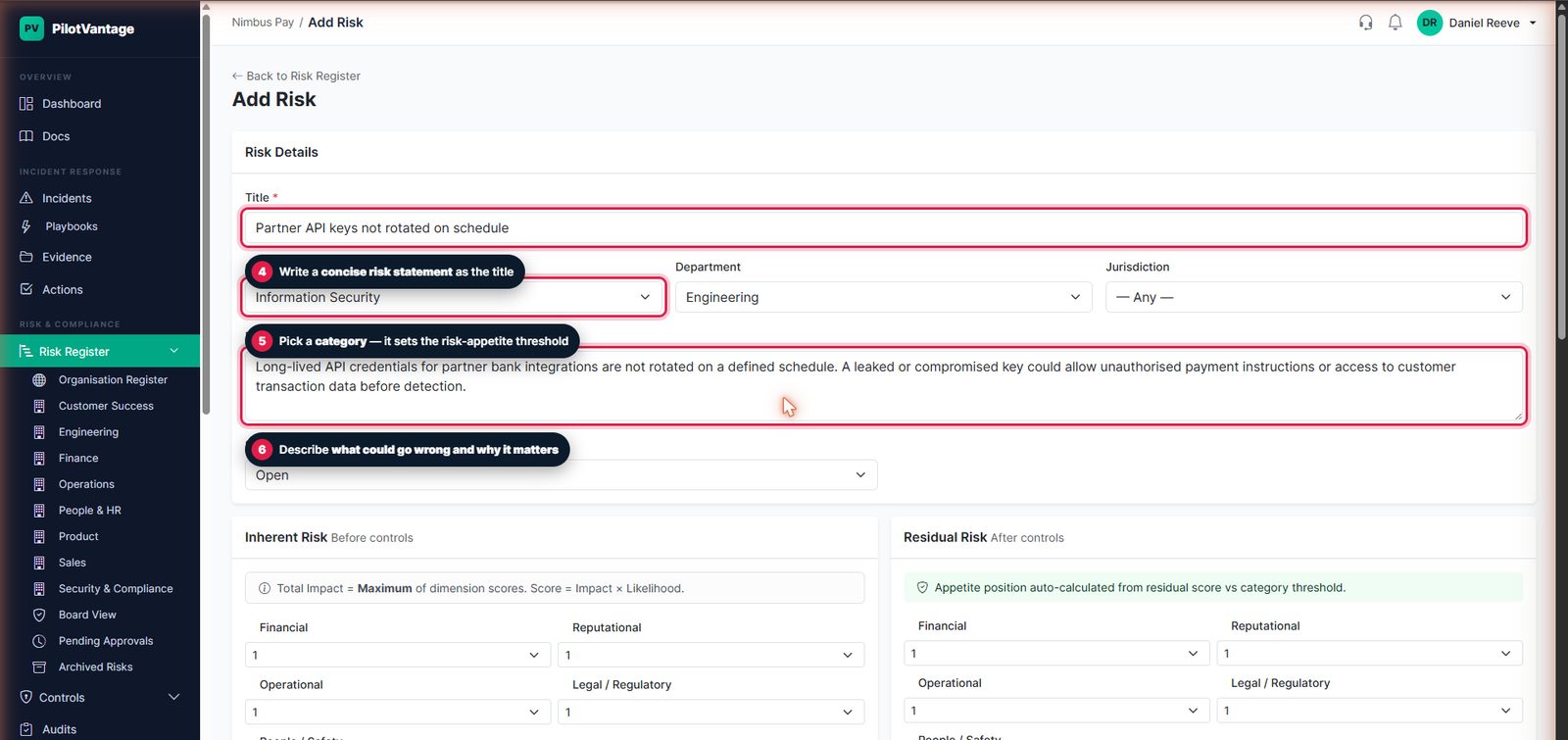 Risk details form with title, category and description annotated