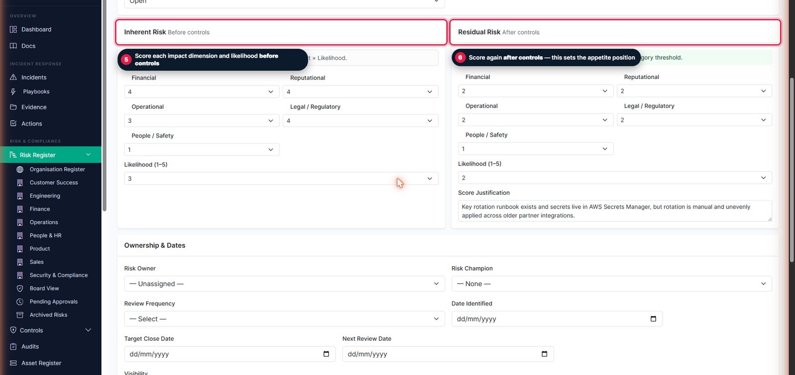 Inherent and residual risk scoring panels