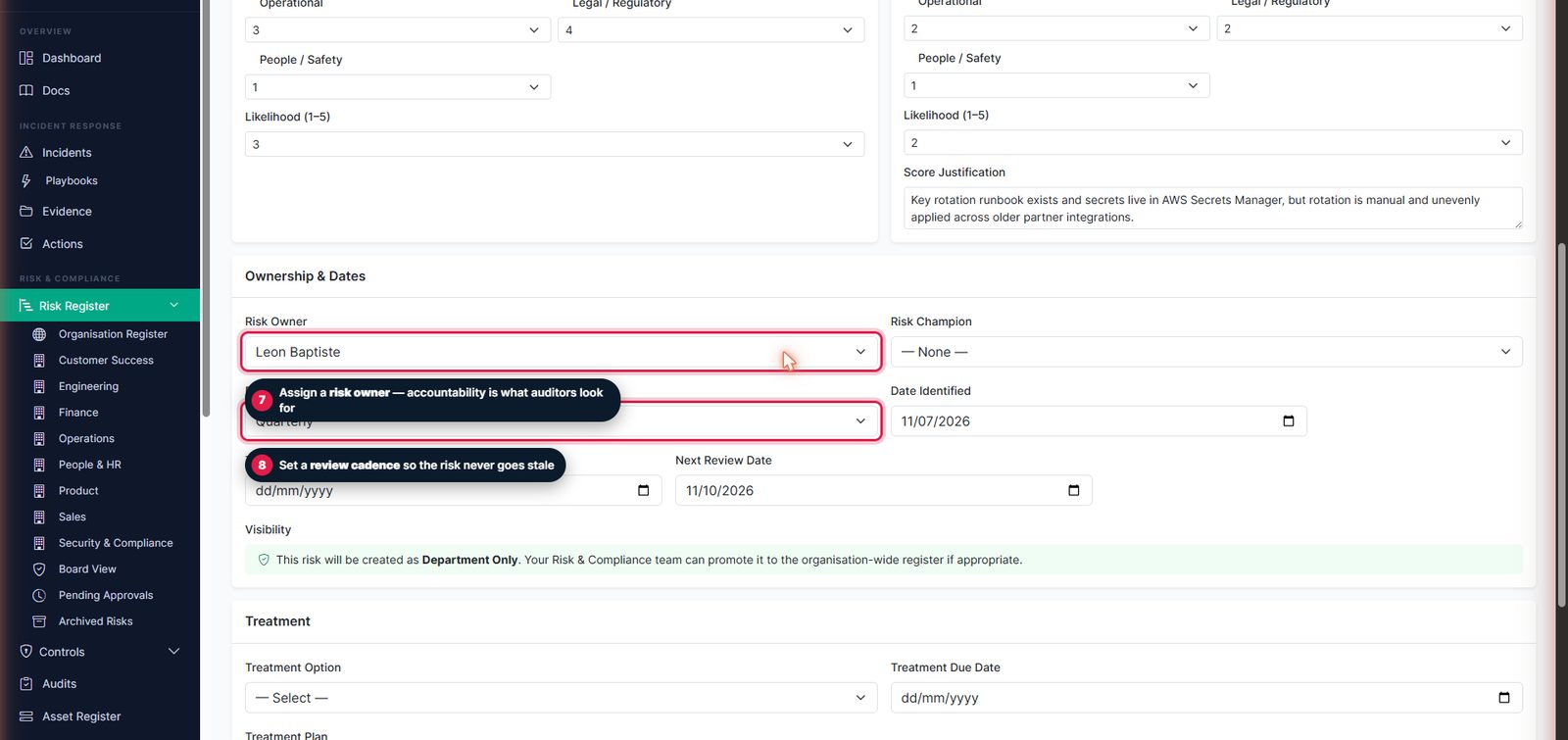 Ownership and dates section with owner and review frequency annotated
