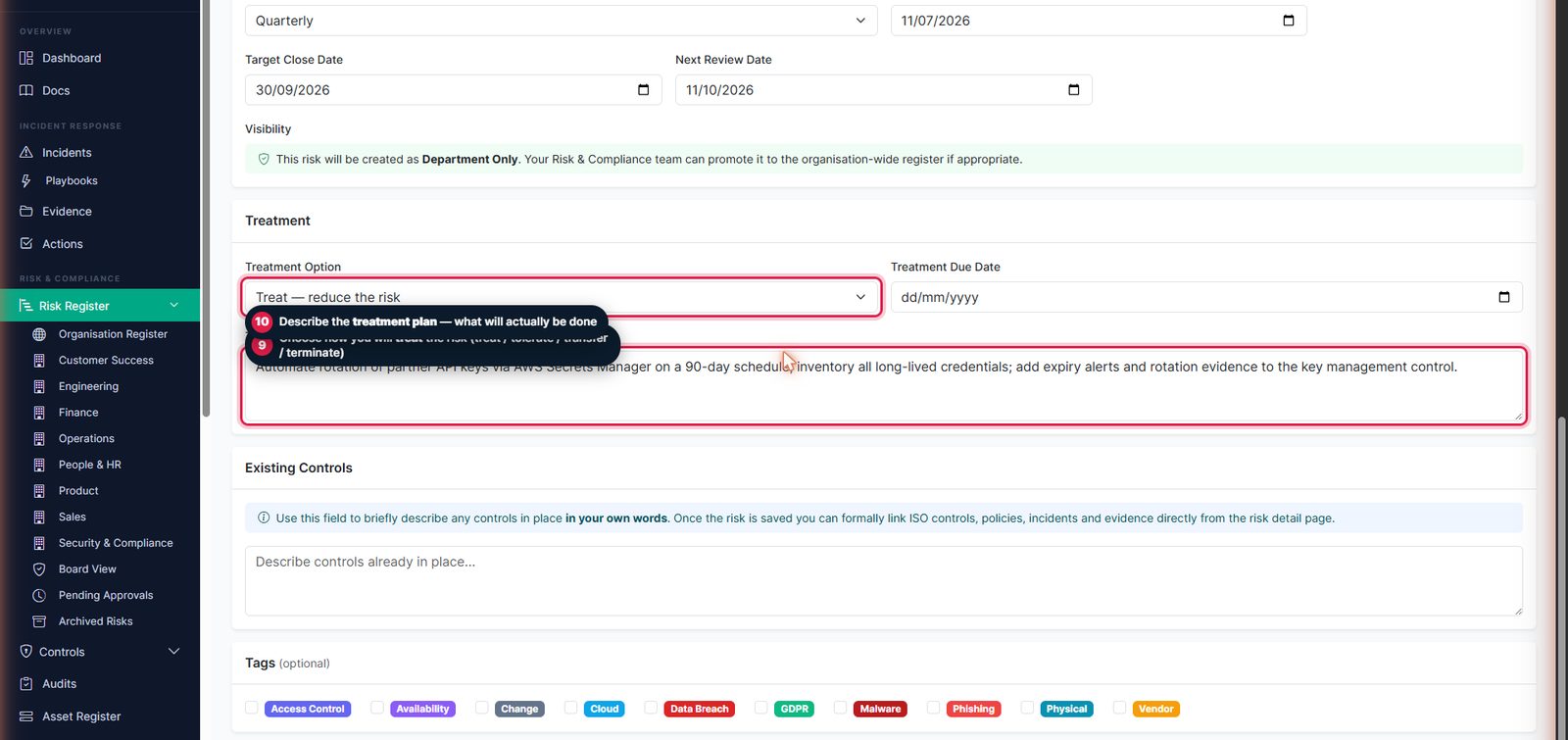 Treatment option and plan annotated on the risk form