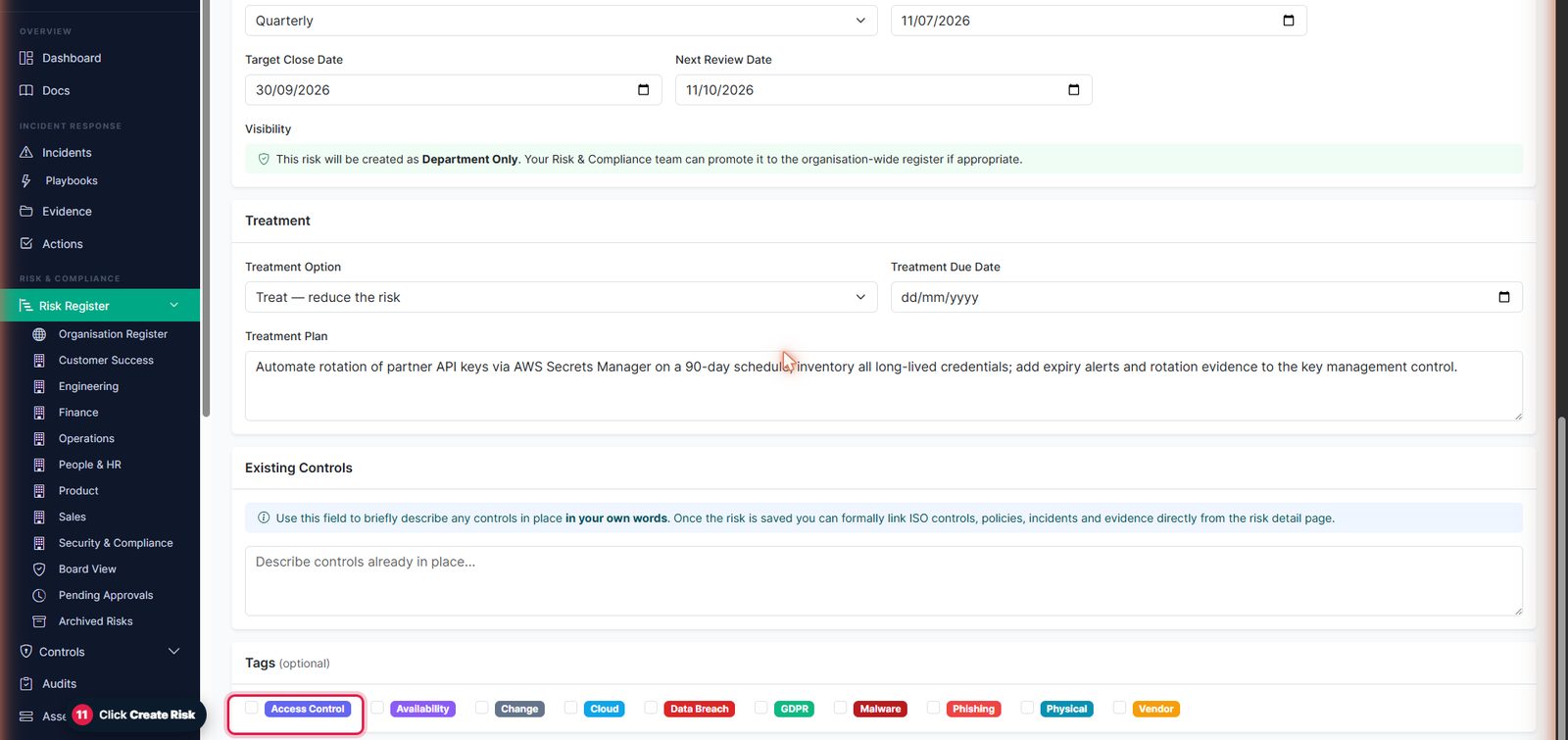 Create Risk button highlighted